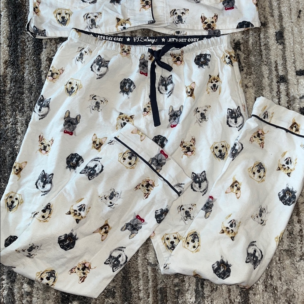 P. J. Salvage Cream Flannel Pajama Set with Dog Pattern long sleeves w/pockets - Picture 2 of 7